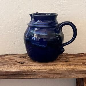 Studio Art Pottery Cobalt Blue Pitcher 9" Tall Ribbed Pattern Gloss Finish